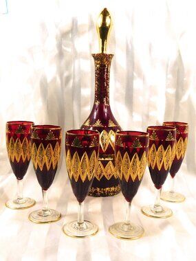Red Decanter with Gold Trim and Six Matching Glasses #  27175
